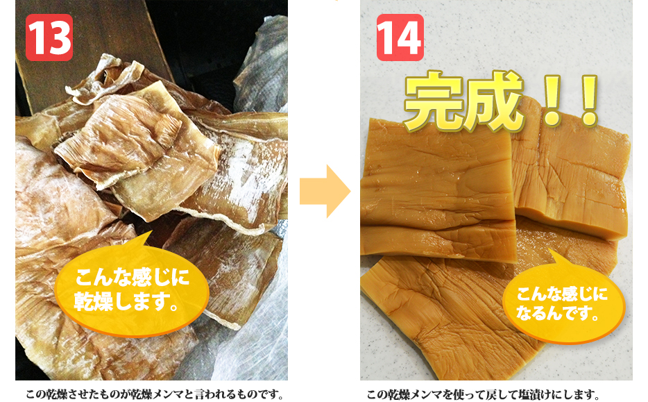 13.この乾燥させたものが乾燥メンマと言われるものです。14.この乾燥メンマを使って戻して塩漬けにします。